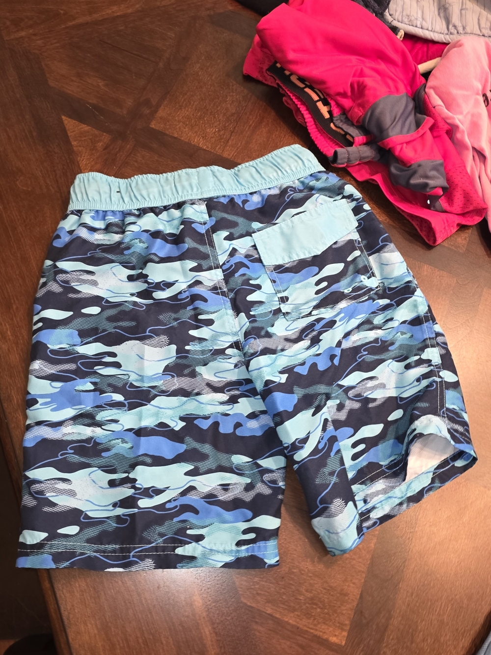 Boys Blue Camo Swim Trunks with Elastic Waistband